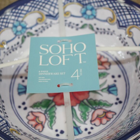 Soho Loft Melamine Bowl Set of 4 Blue White Coral Pink Flower Floral Cereal NWT - Picture 5 of 7